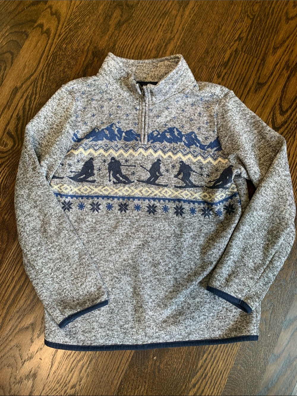 Sonoma Grey Boys Quarter-Zip Sweater with Blue and Cream Ski Pattern - Size 8